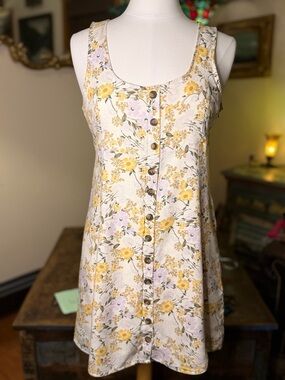 Floral Button-Front Sleeveless Dress - Cream with Yellow & Lavender